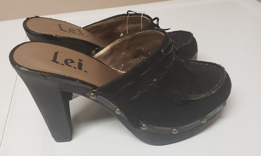 Y2K Lei Black Suede Block Heel Mules Studded Faux Fringe Bow Accent Sz 8 NWOB